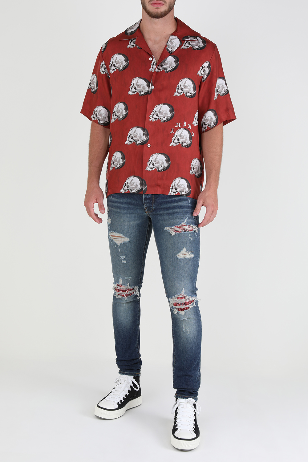 חולצה מכופתרת קצרה ממשי עם הדפס גולגולות